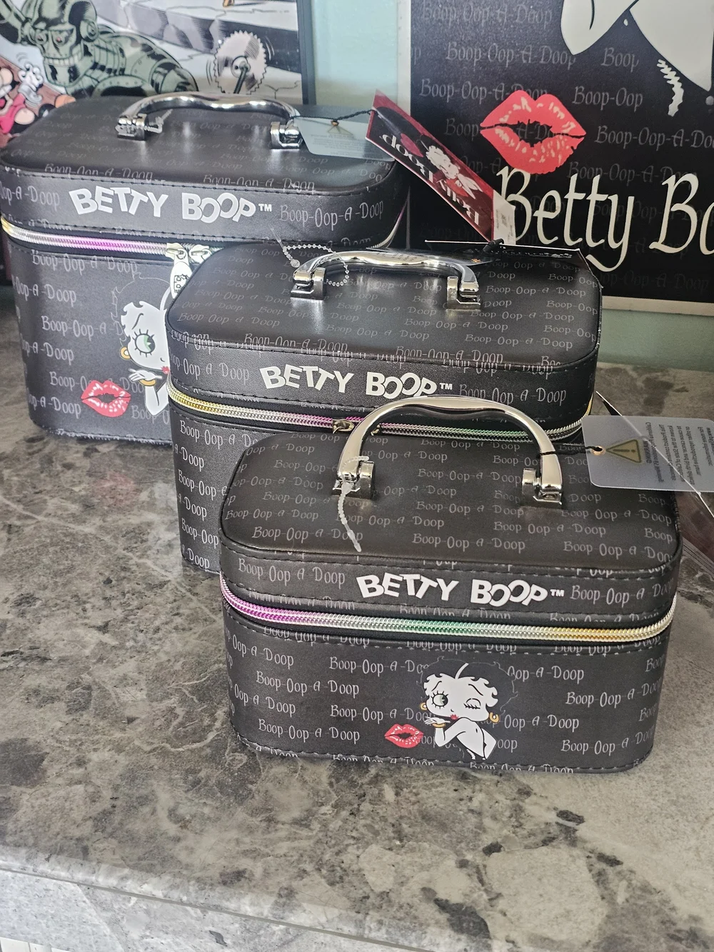 Betty Boop Black Cosmetic Train Case Set with Pink Accent Zippers